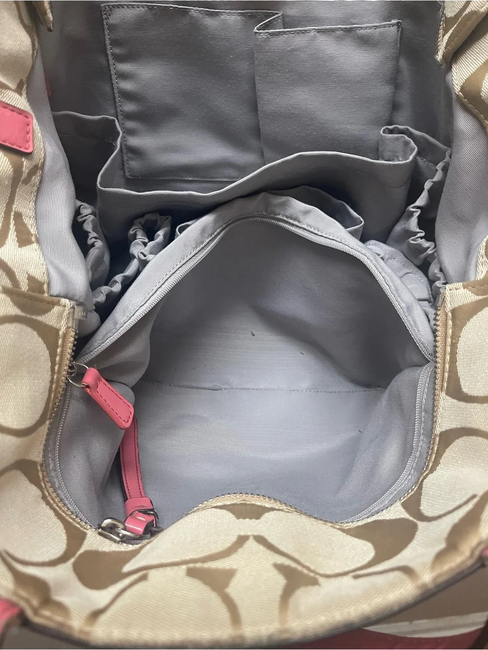 Coach Beige Signature Canvas Tote with Pink Leather Trim